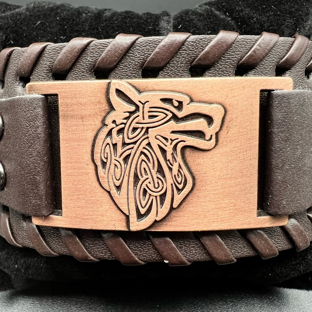PRICE IS FIRM - Handmade Bronze Wolf Faux Leather Bracelet - Picture 5 of 7